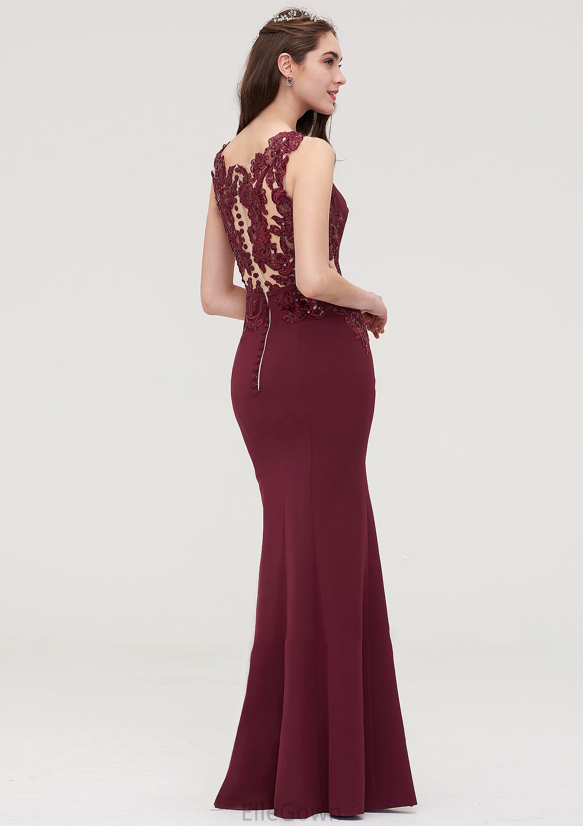 Bateau Sleeveless Sheath/Column Long/Floor-Length Elastic Satin Bridesmaid Dresses With Waistband Lace Sequins Cadence DEP0025443