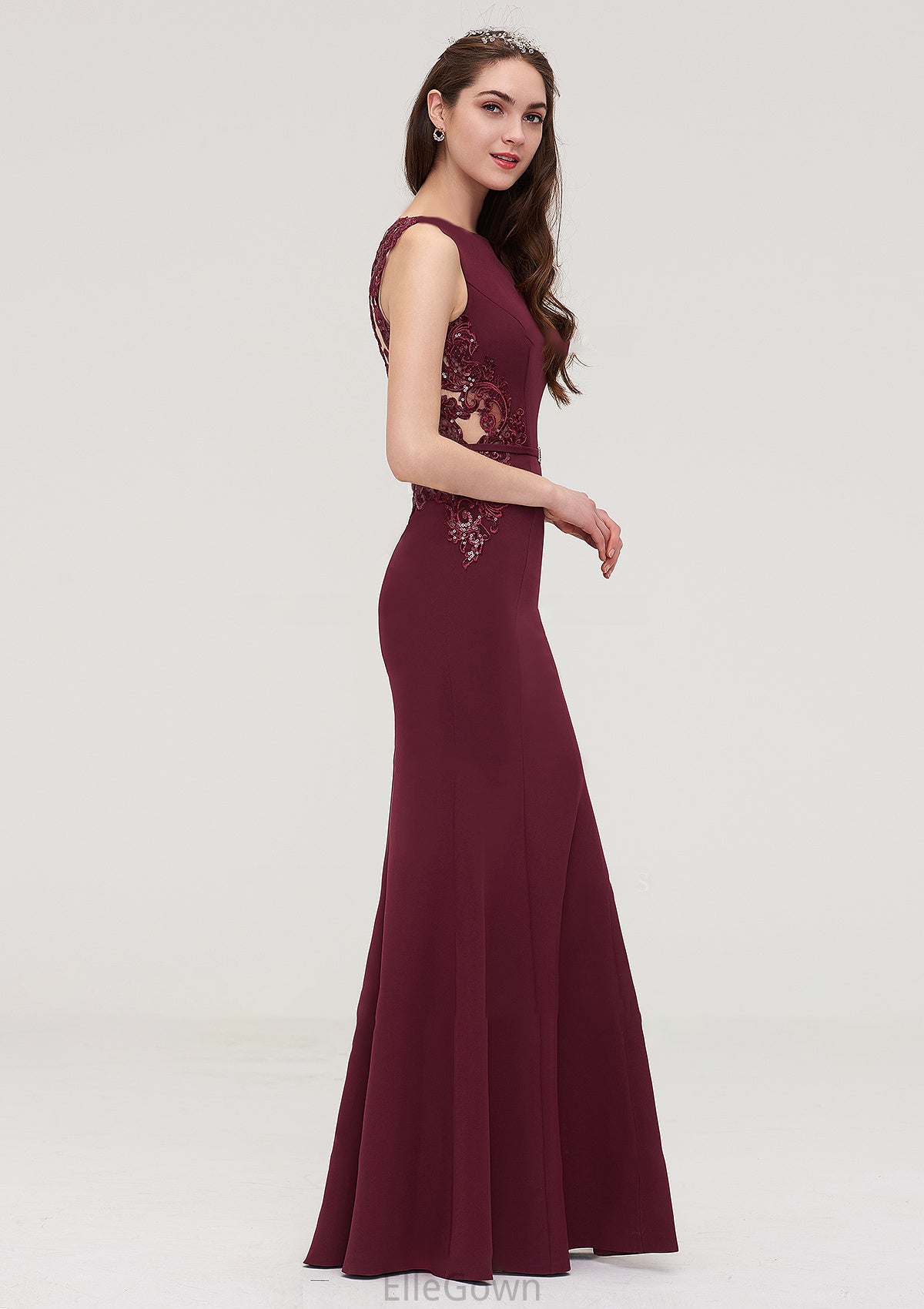 Bateau Sleeveless Sheath/Column Long/Floor-Length Elastic Satin Bridesmaid Dresses With Waistband Lace Sequins Cadence DEP0025443