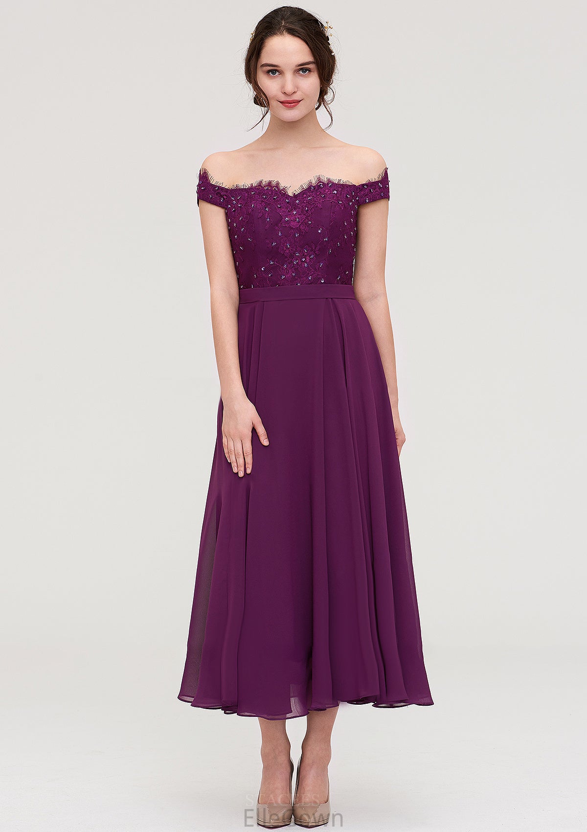 Off-the-Shoulder Sleeveless Tea-Length Chiffon A-line/Princess Bridesmaid Dresses With Lace Beading Abagail DEP0025446