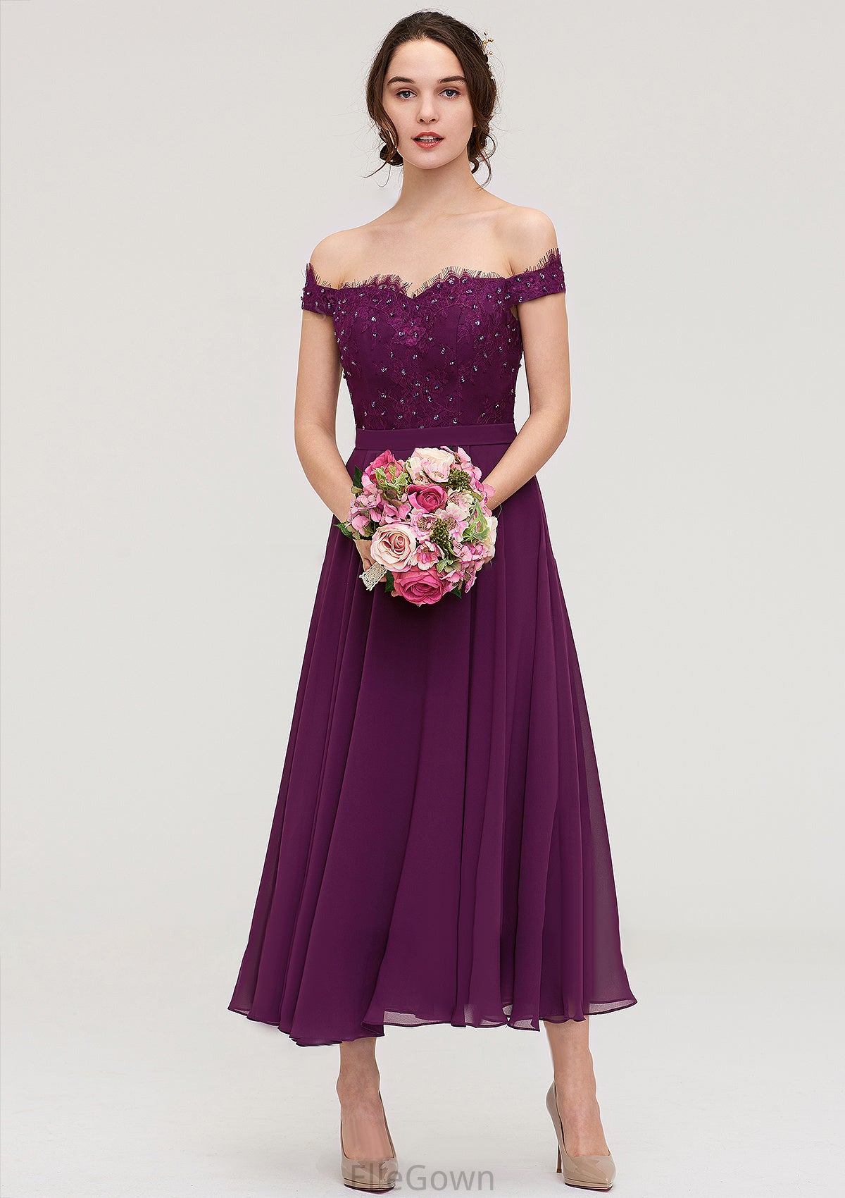 Off-the-Shoulder Sleeveless Tea-Length Chiffon A-line/Princess Bridesmaid Dresses With Lace Beading Abagail DEP0025446