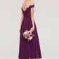 Off-the-Shoulder Sleeveless Tea-Length Chiffon A-line/Princess Bridesmaid Dresses With Lace Beading Abagail DEP0025446