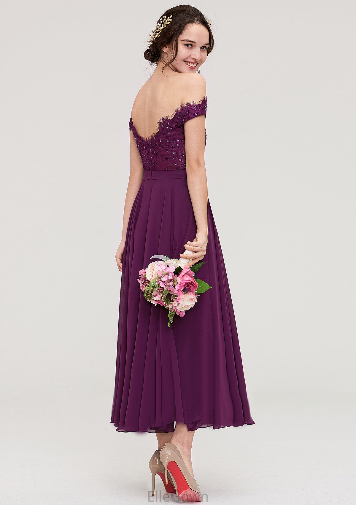 Off-the-Shoulder Sleeveless Tea-Length Chiffon A-line/Princess Bridesmaid Dresses With Lace Beading Abagail DEP0025446