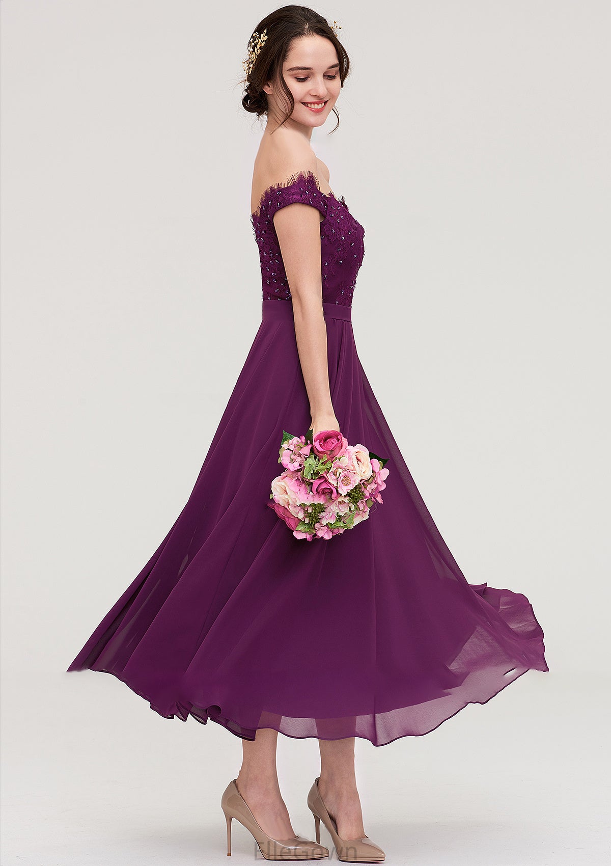 Off-the-Shoulder Sleeveless Tea-Length Chiffon A-line/Princess Bridesmaid Dresses With Lace Beading Abagail DEP0025446