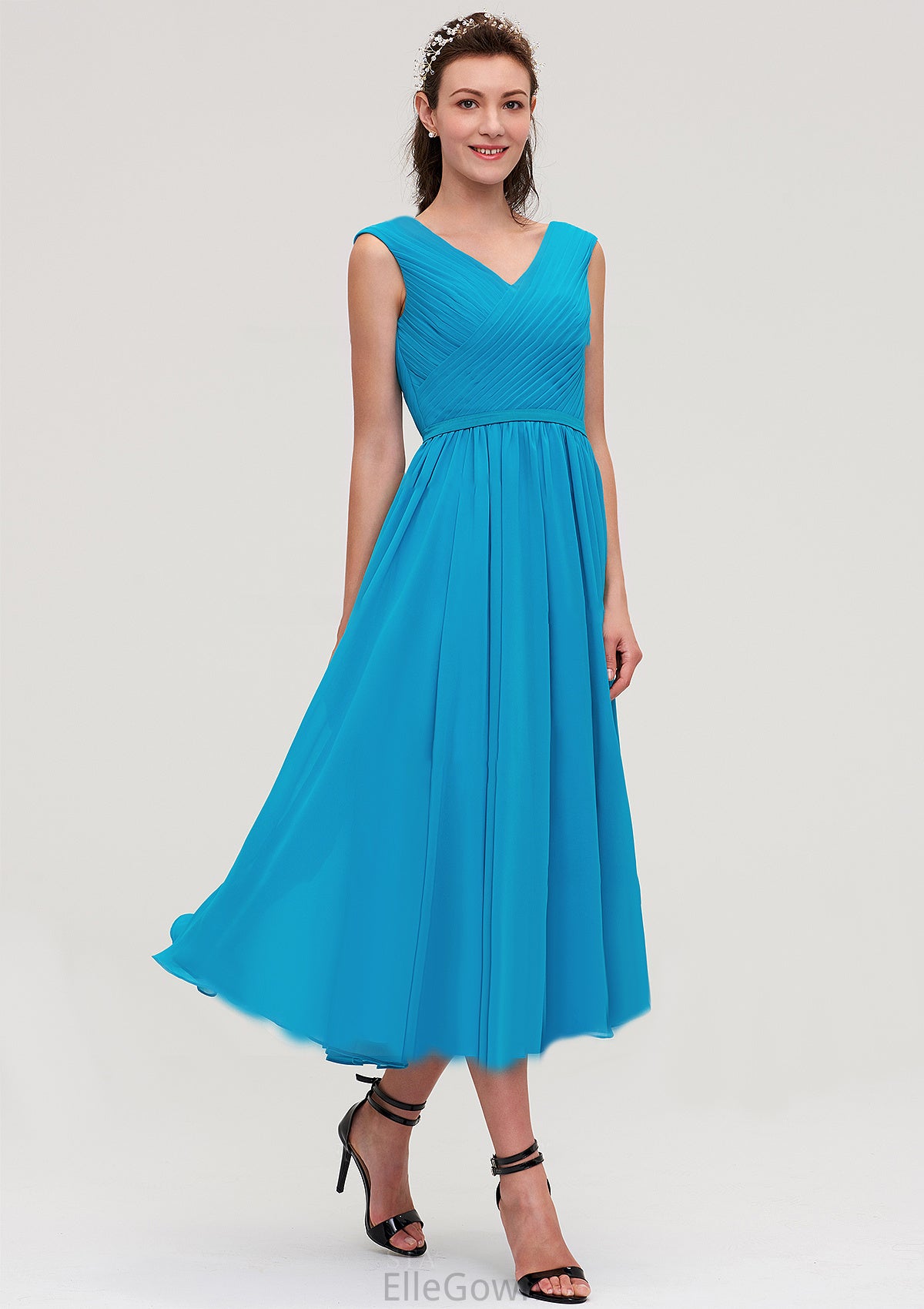 Sleeveless V Neck Tea-Length Chiffon A-line/Princess Bridesmaid Dresseses With Pleated Marlie DEP0025448