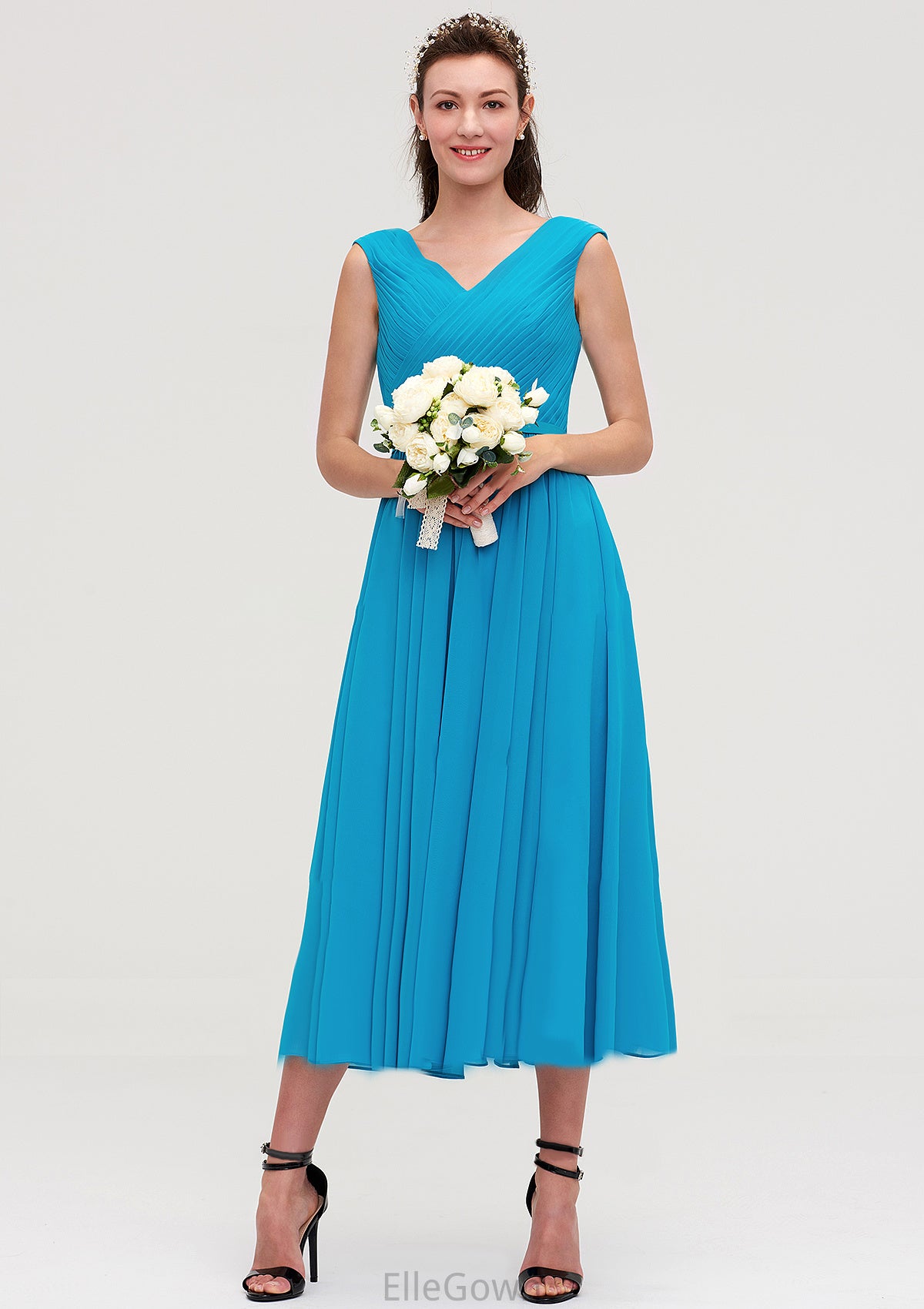 Sleeveless V Neck Tea-Length Chiffon A-line/Princess Bridesmaid Dresseses With Pleated Marlie DEP0025448