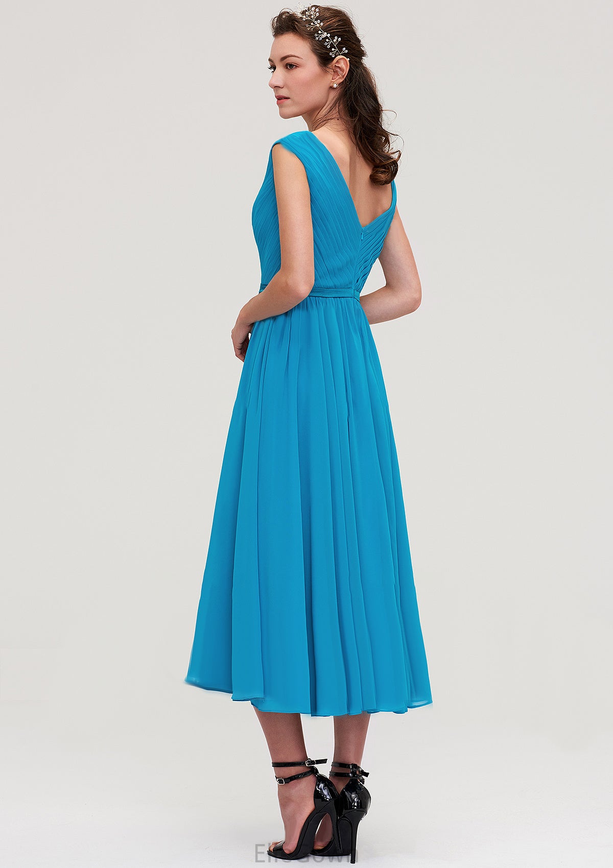 Sleeveless V Neck Tea-Length Chiffon A-line/Princess Bridesmaid Dresseses With Pleated Marlie DEP0025448