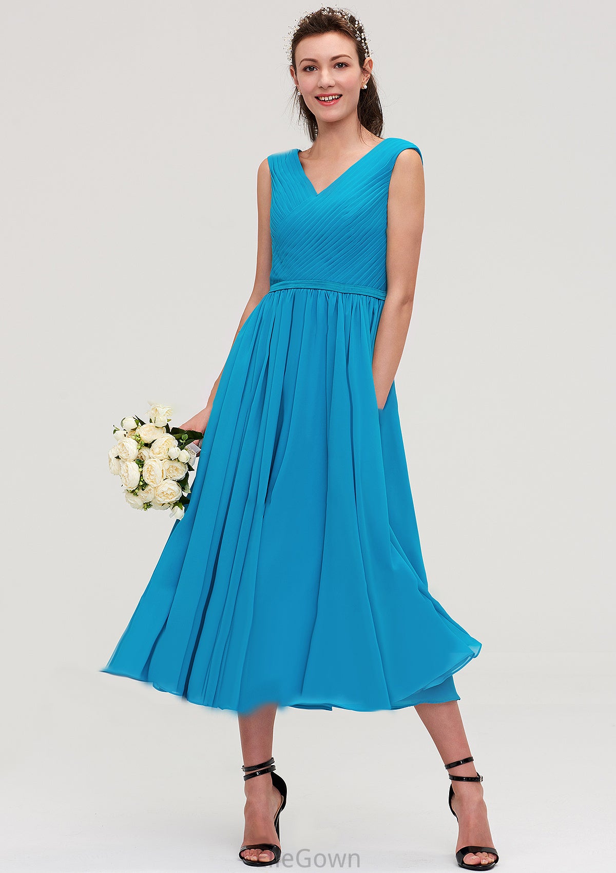 Sleeveless V Neck Tea-Length Chiffon A-line/Princess Bridesmaid Dresseses With Pleated Marlie DEP0025448