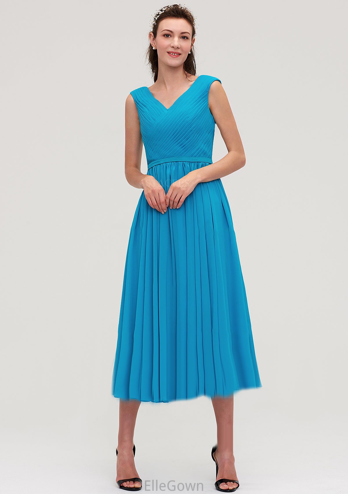 Sleeveless V Neck Tea-Length Chiffon A-line/Princess Bridesmaid Dresseses With Pleated Marlie DEP0025448