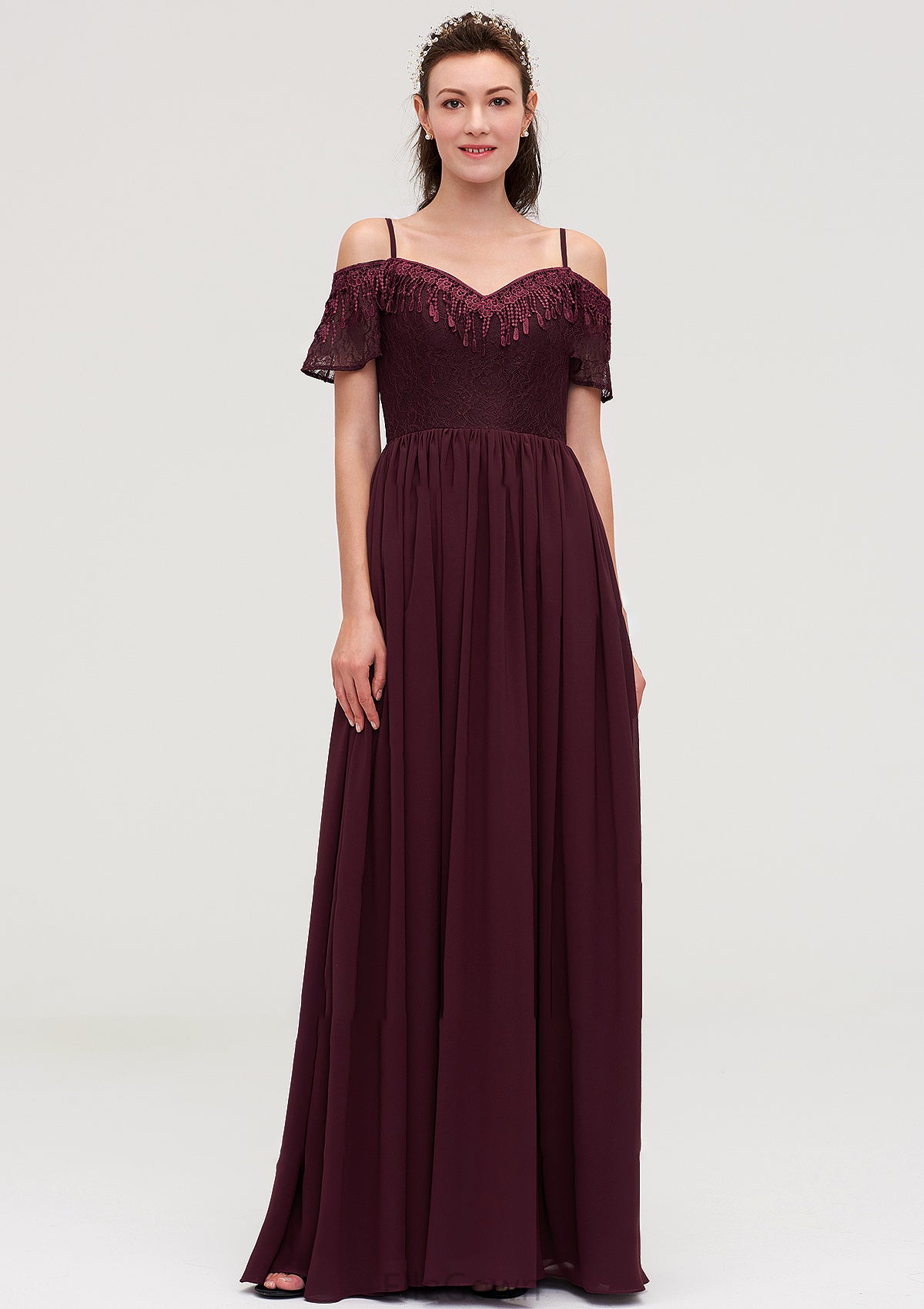 Off-the-Shoulder Sleeveless Chiffon A-line/Princess Long/Floor-Length Bridesmaid Dresseses With Lace Anaya DEP0025449