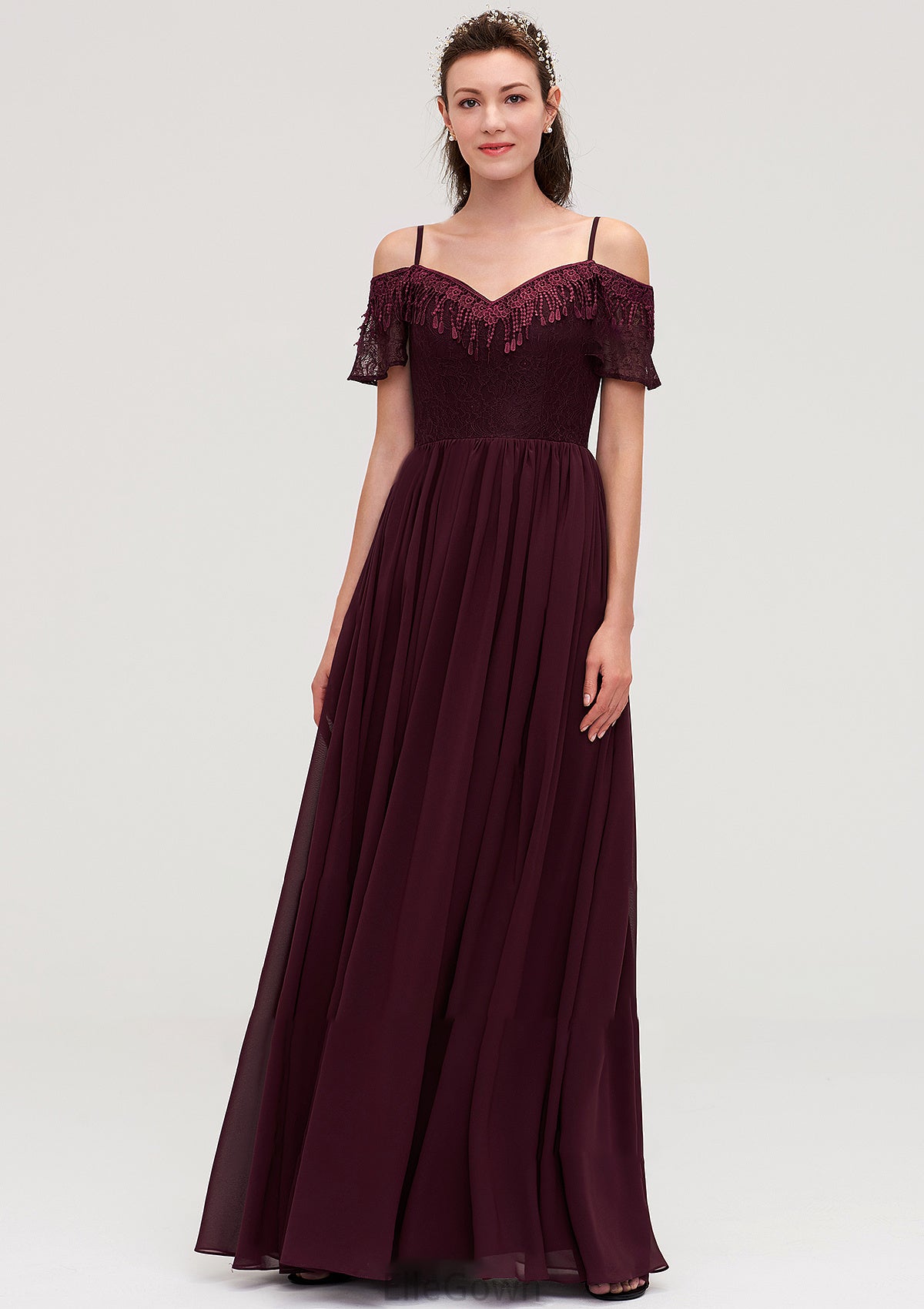 Off-the-Shoulder Sleeveless Chiffon A-line/Princess Long/Floor-Length Bridesmaid Dresseses With Lace Anaya DEP0025449