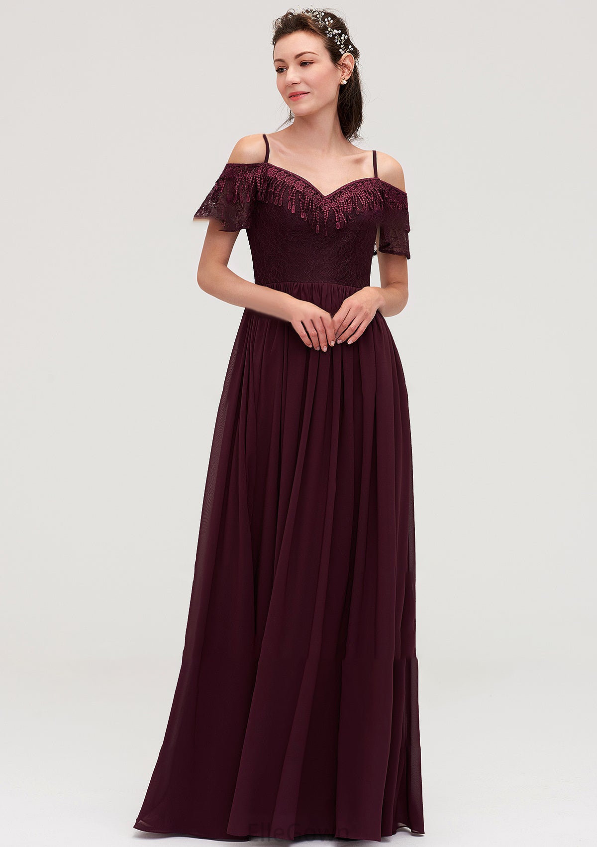 Off-the-Shoulder Sleeveless Chiffon A-line/Princess Long/Floor-Length Bridesmaid Dresseses With Lace Anaya DEP0025449