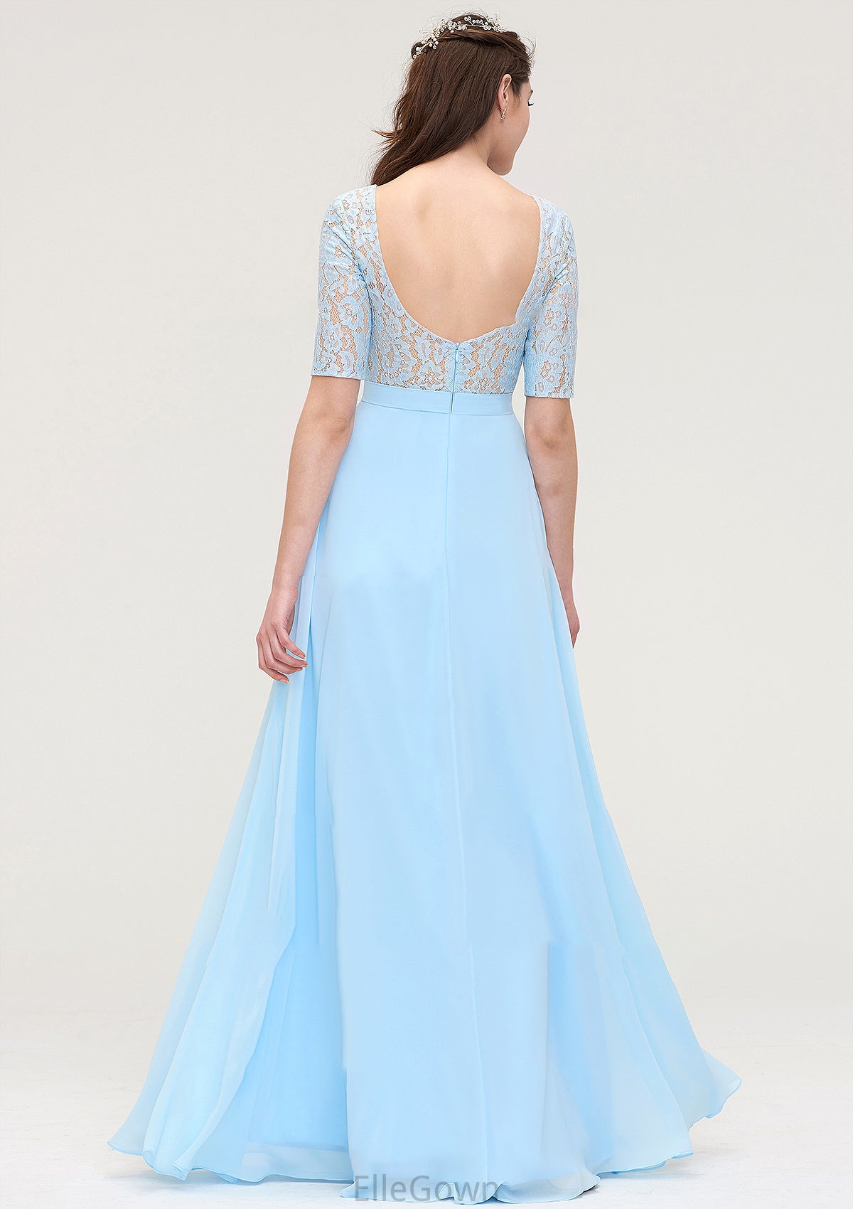 Half Sleeve Long/Floor-Length Bateau Chiffon A-line/Princess Bridesmaid Dresses With Lace Brynlee DEP0025450