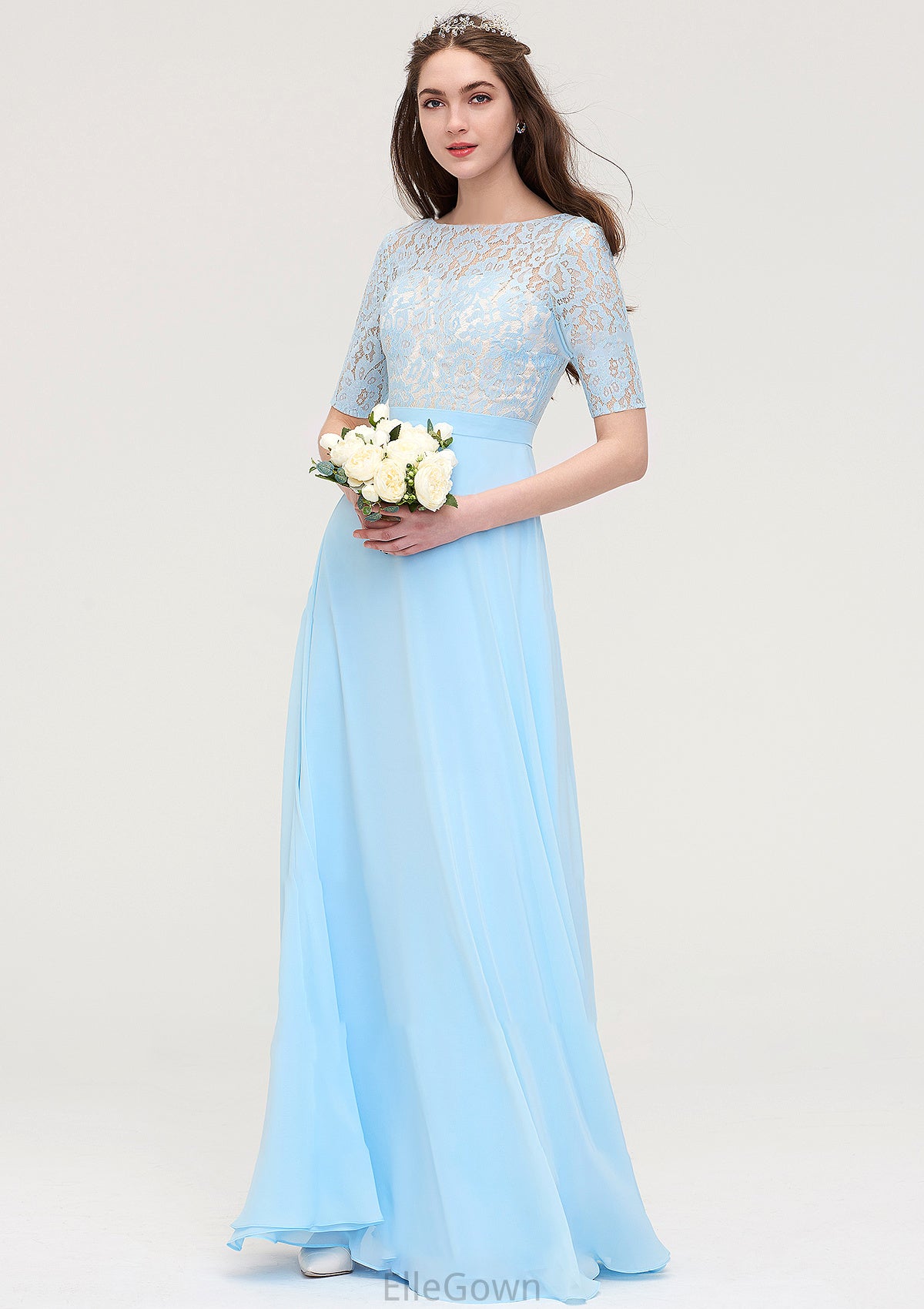 Half Sleeve Long/Floor-Length Bateau Chiffon A-line/Princess Bridesmaid Dresses With Lace Brynlee DEP0025450