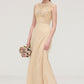 Sleeveless Halter Open Back Long/Floor-Length Sheath/Column Chiffon Bridesmaid Dresses With Pleated Lace Karen DEP0025451