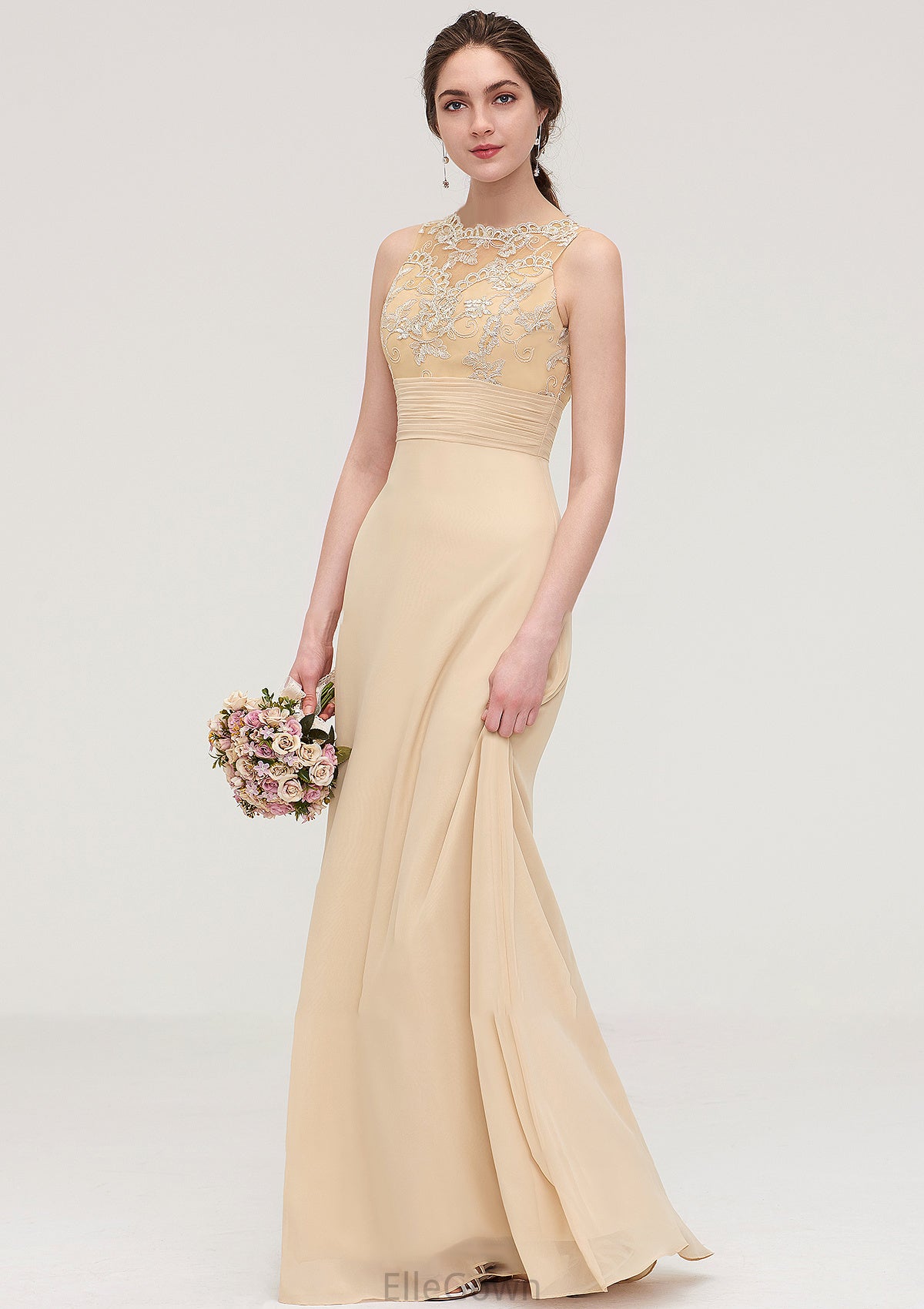 Sleeveless Halter Open Back Long/Floor-Length Sheath/Column Chiffon Bridesmaid Dresses With Pleated Lace Karen DEP0025451