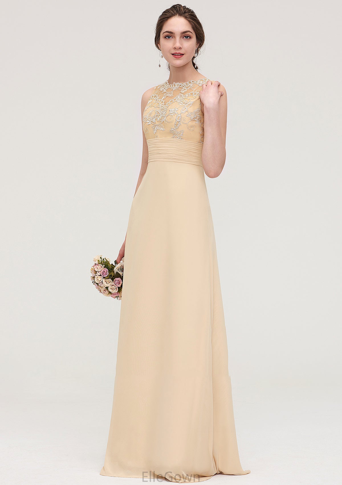 Sleeveless Halter Open Back Long/Floor-Length Sheath/Column Chiffon Bridesmaid Dresses With Pleated Lace Karen DEP0025451