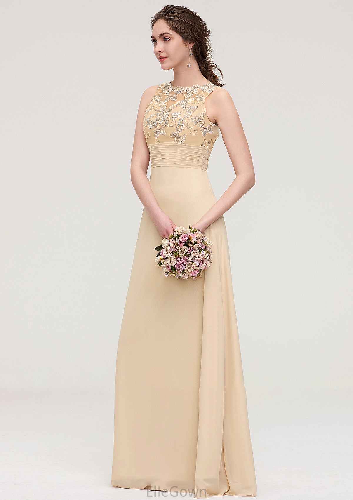 Sleeveless Halter Open Back Long/Floor-Length Sheath/Column Chiffon Bridesmaid Dresses With Pleated Lace Karen DEP0025451