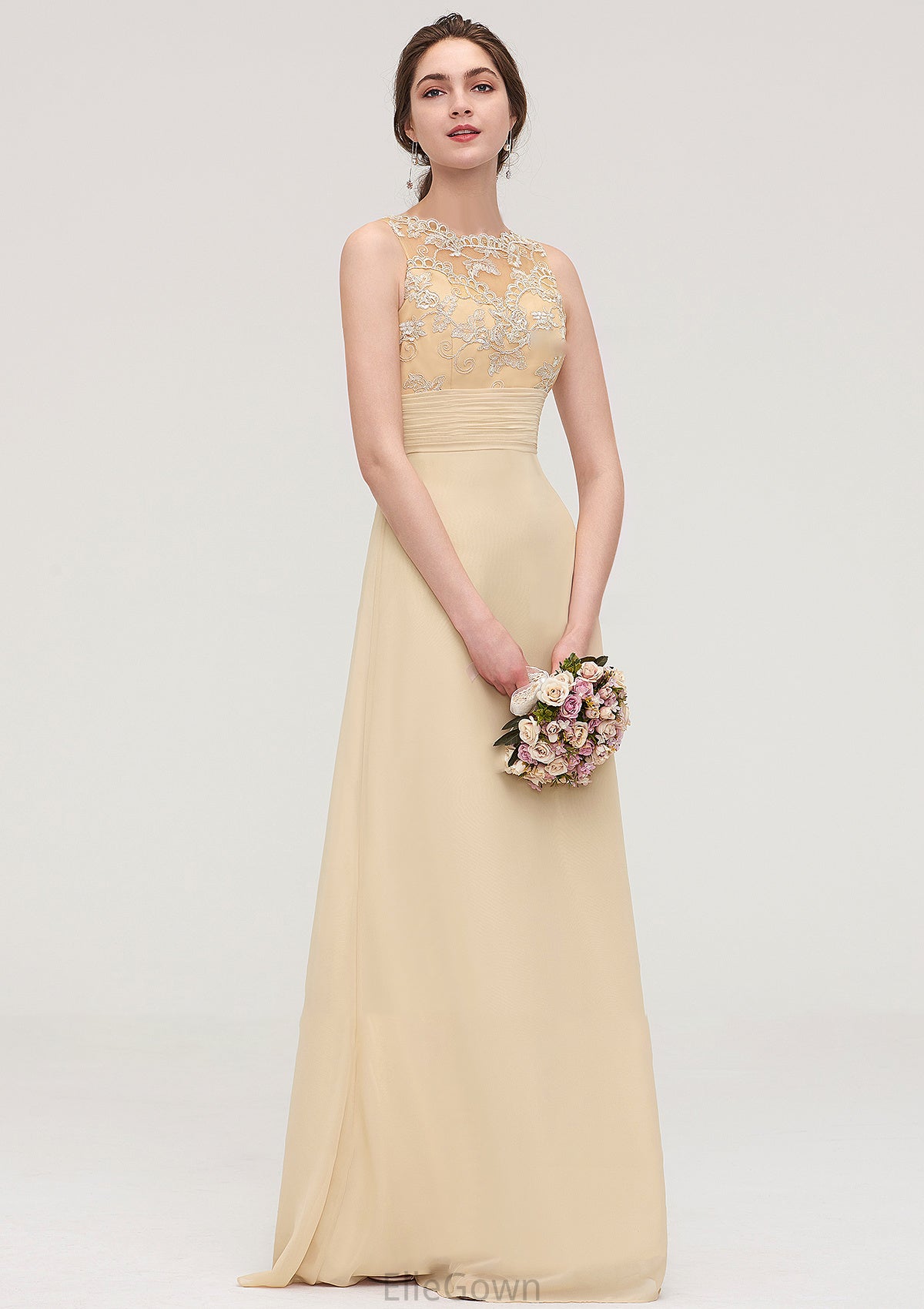 Sleeveless Halter Open Back Long/Floor-Length Sheath/Column Chiffon Bridesmaid Dresses With Pleated Lace Karen DEP0025451