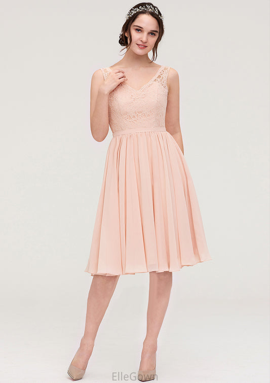 Sleeveless V Neck A-line/Princess Chiffon Knee-Length Bridesmaid Dresses With Lace Fiona DEP0025453