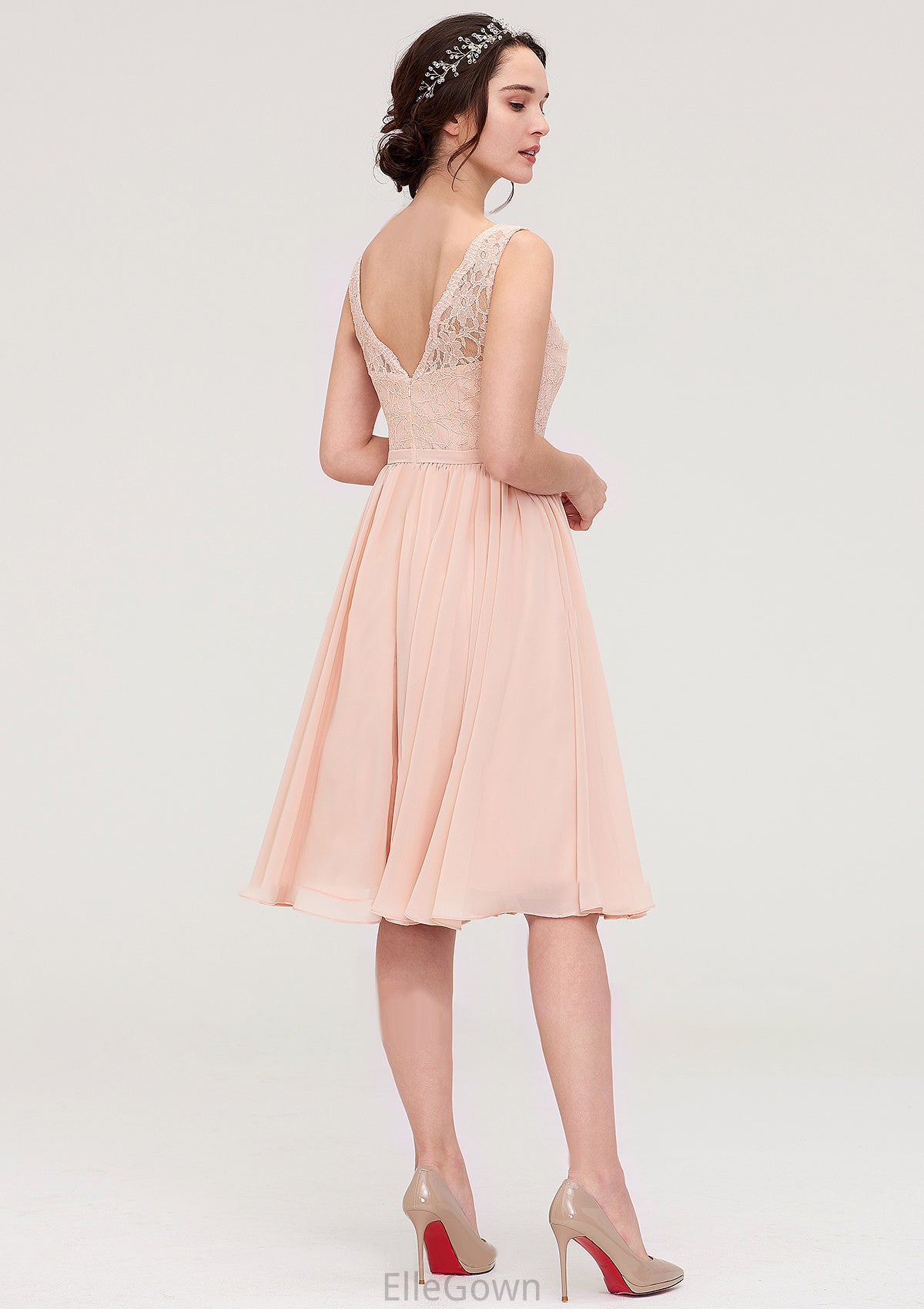 Sleeveless V Neck A-line/Princess Chiffon Knee-Length Bridesmaid Dresses With Lace Fiona DEP0025453