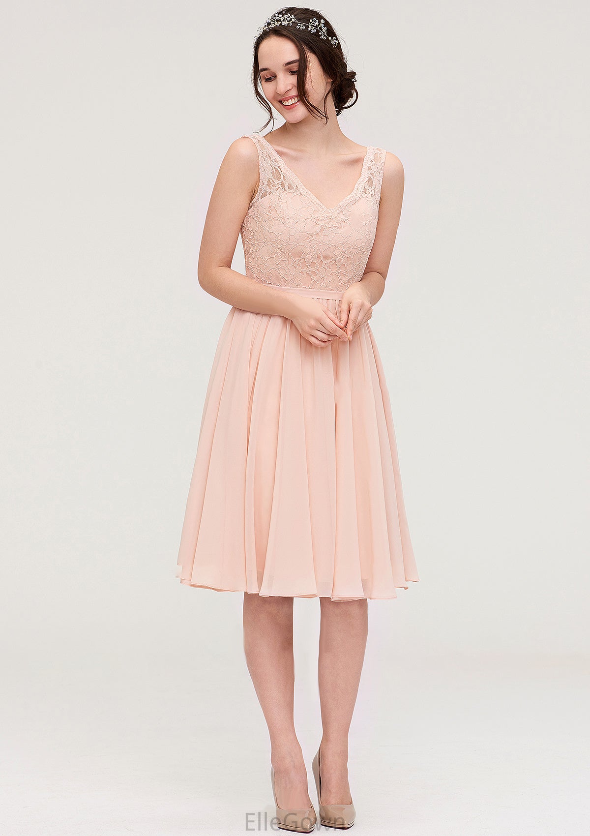 Sleeveless V Neck A-line/Princess Chiffon Knee-Length Bridesmaid Dresses With Lace Fiona DEP0025453