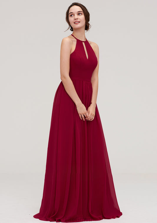 Scoop Neck Sleeveless A-line/Princess Long/Floor-Length Chiffon Bridesmaid Dresseses With Pleated Micaela DEP0025456