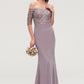 Off-the-Shoulder Half Sleeve Sheath/Column Long/Floor-Length Chiffon Bridesmaid Dresseses With Appliqued Carlee DEP0025458