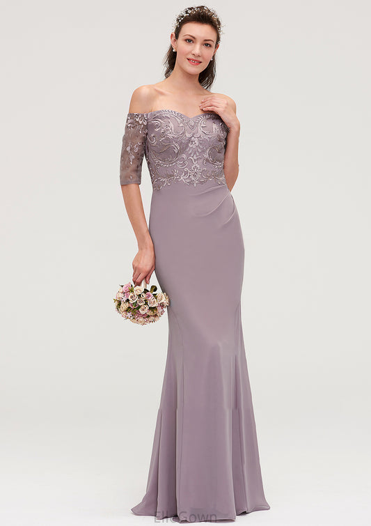 Off-the-Shoulder Half Sleeve Sheath/Column Long/Floor-Length Chiffon Bridesmaid Dresseses With Appliqued Carlee DEP0025458