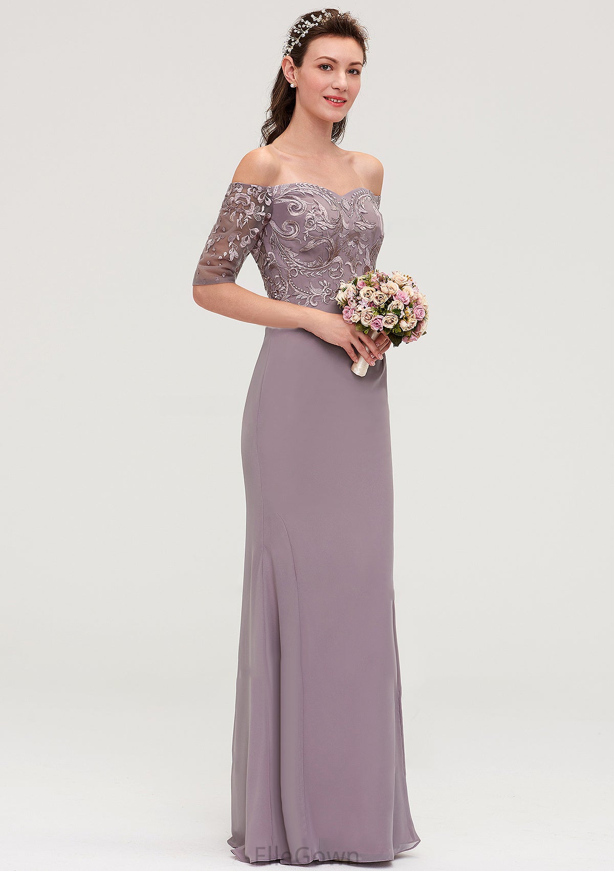 Off-the-Shoulder Half Sleeve Sheath/Column Long/Floor-Length Chiffon Bridesmaid Dresseses With Appliqued Carlee DEP0025458