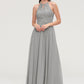 Sleeveless Scoop Neck Chiffon A-line/Princess Long/Floor-Length Bridesmaid Dresseses With Pleated Lace Kaelyn DEP0025460