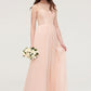 Bateau Sleeveless Long/Floor-Length Chiffon A-line/Princess Bridesmaid Dresses With Lace Pleated Haylee DEP0025464