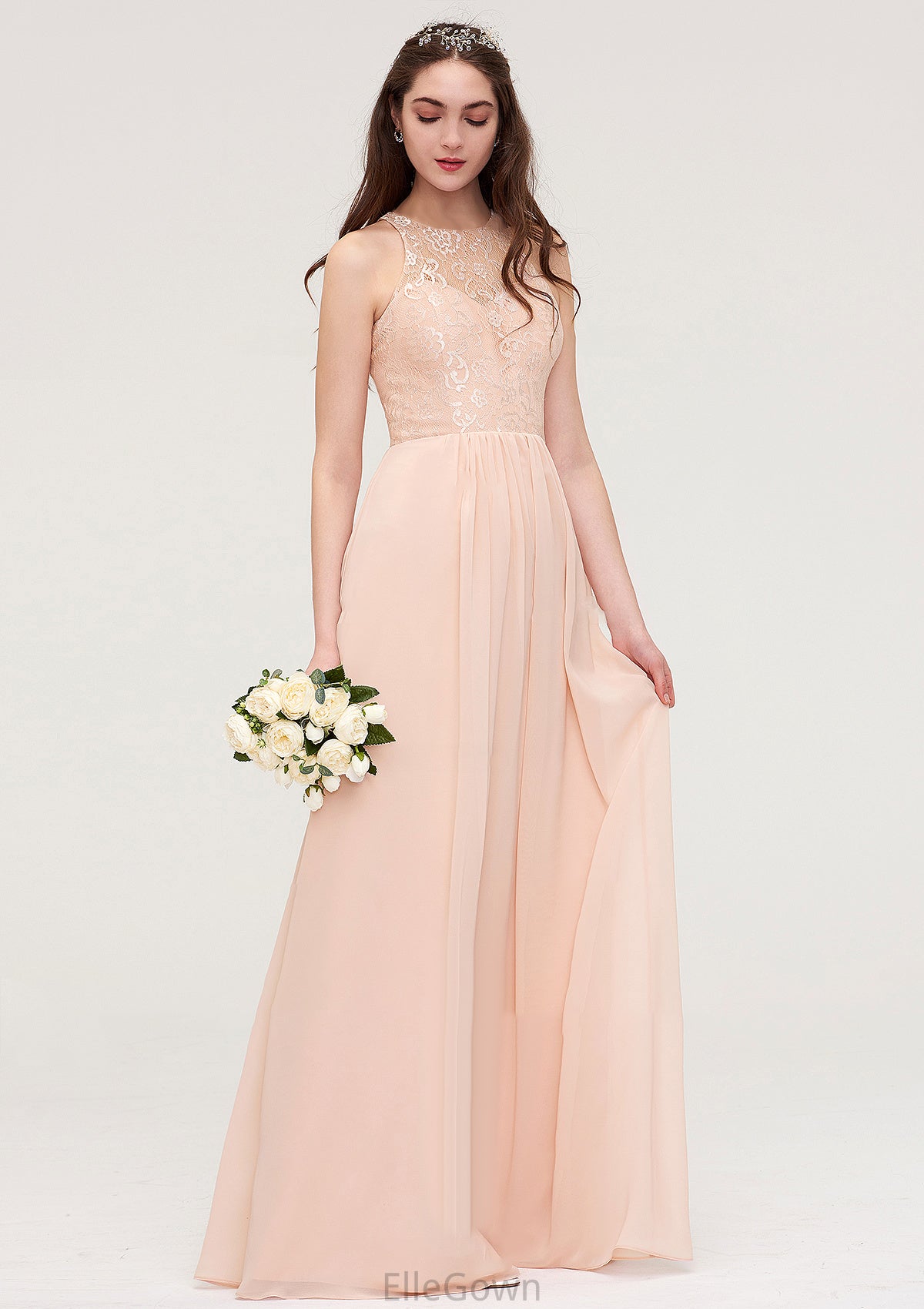 Bateau Sleeveless Long/Floor-Length Chiffon A-line/Princess Bridesmaid Dresses With Lace Pleated Haylee DEP0025464