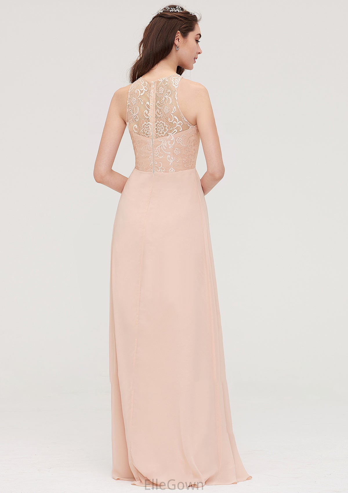 Bateau Sleeveless Long/Floor-Length Chiffon A-line/Princess Bridesmaid Dresses With Lace Pleated Haylee DEP0025464