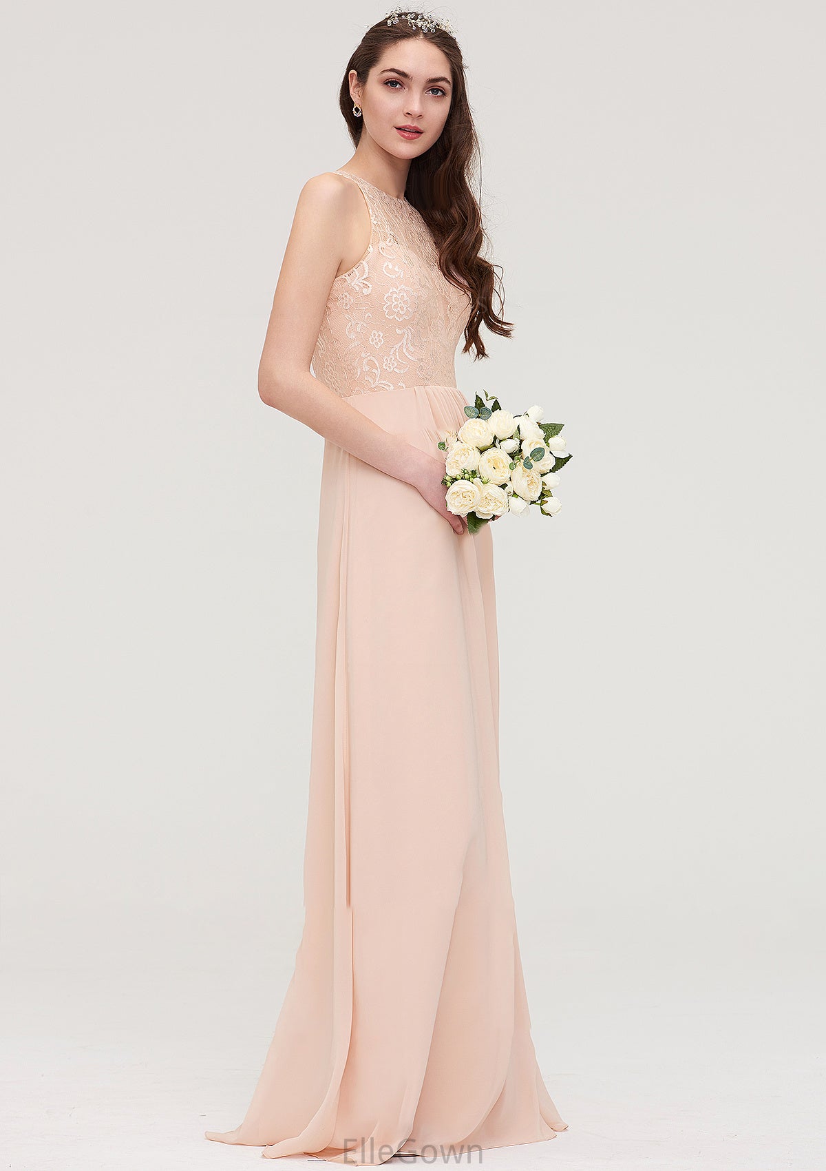 Bateau Sleeveless Long/Floor-Length Chiffon A-line/Princess Bridesmaid Dresses With Lace Pleated Haylee DEP0025464