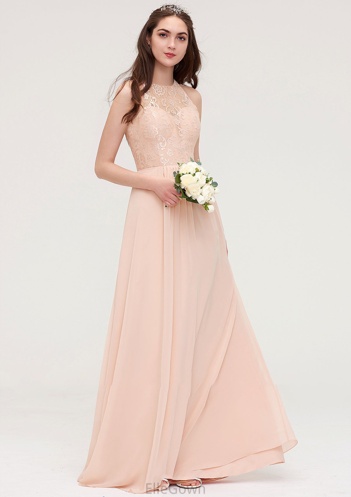 Bateau Sleeveless Long/Floor-Length Chiffon A-line/Princess Bridesmaid Dresses With Lace Pleated Haylee DEP0025464