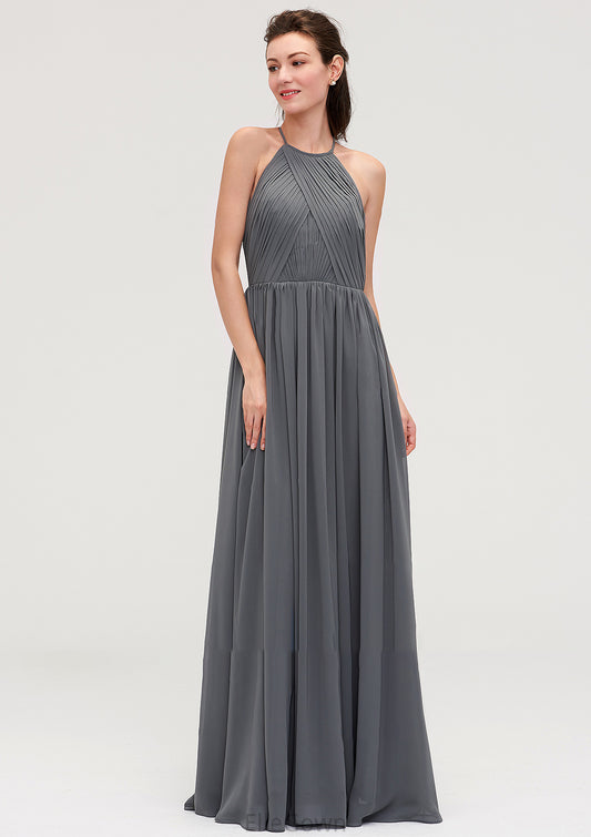 Sleeveless Halter Chiffon A-line/Princess Long/Floor-Length Bridesmaid Dresseses With Pleated Hadassah DEP0025466