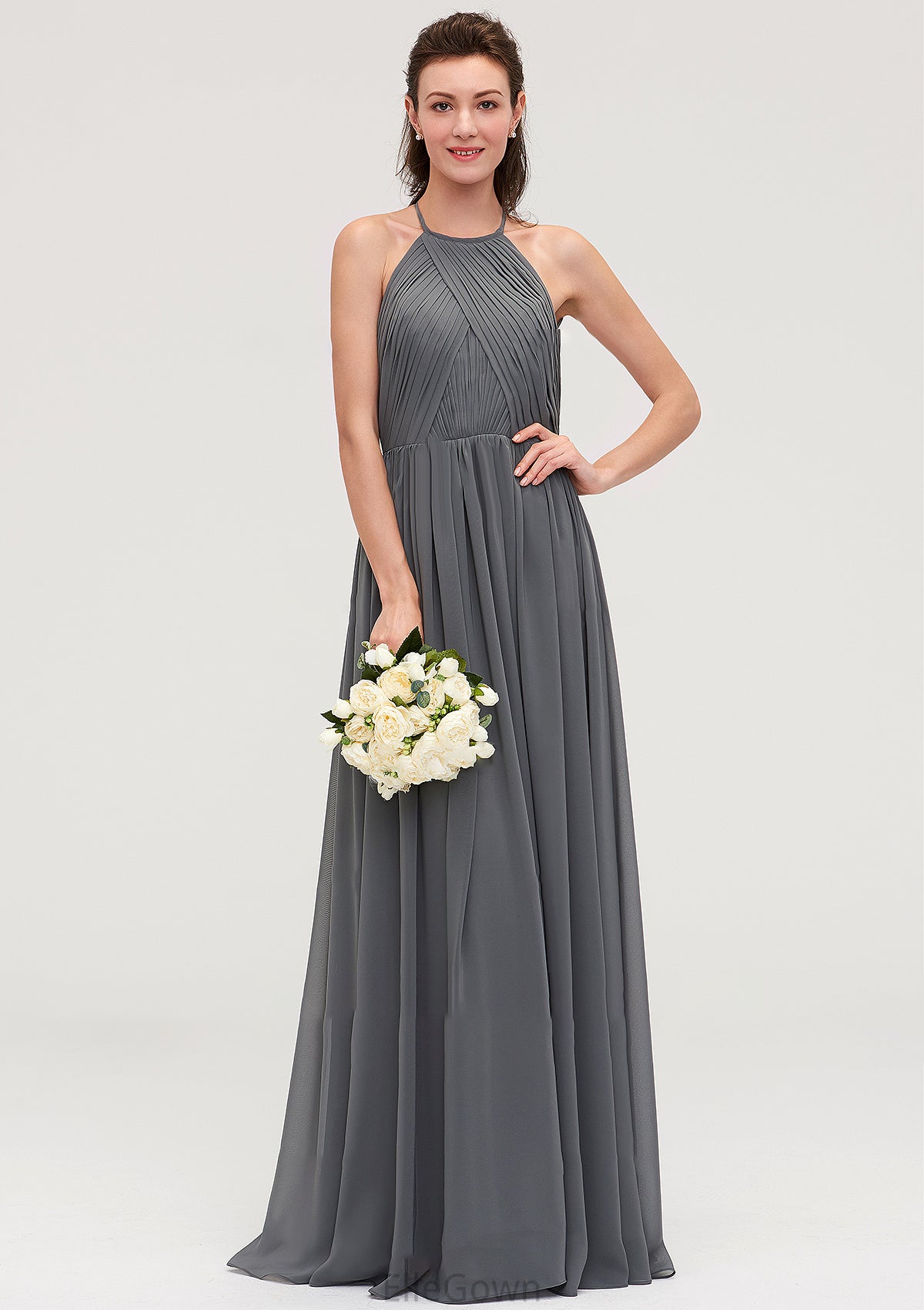 Sleeveless Halter Chiffon A-line/Princess Long/Floor-Length Bridesmaid Dresseses With Pleated Hadassah DEP0025466