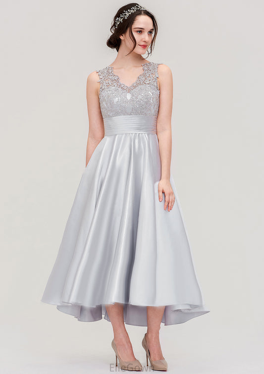 Sleeveless V Neck Asymmetrical Satin A-line/Princess Bridesmaid Dresses With Pleated Lace Sage DEP0025468