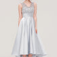 Sleeveless V Neck Asymmetrical Satin A-line/Princess Bridesmaid Dresses With Pleated Lace Sage DEP0025468