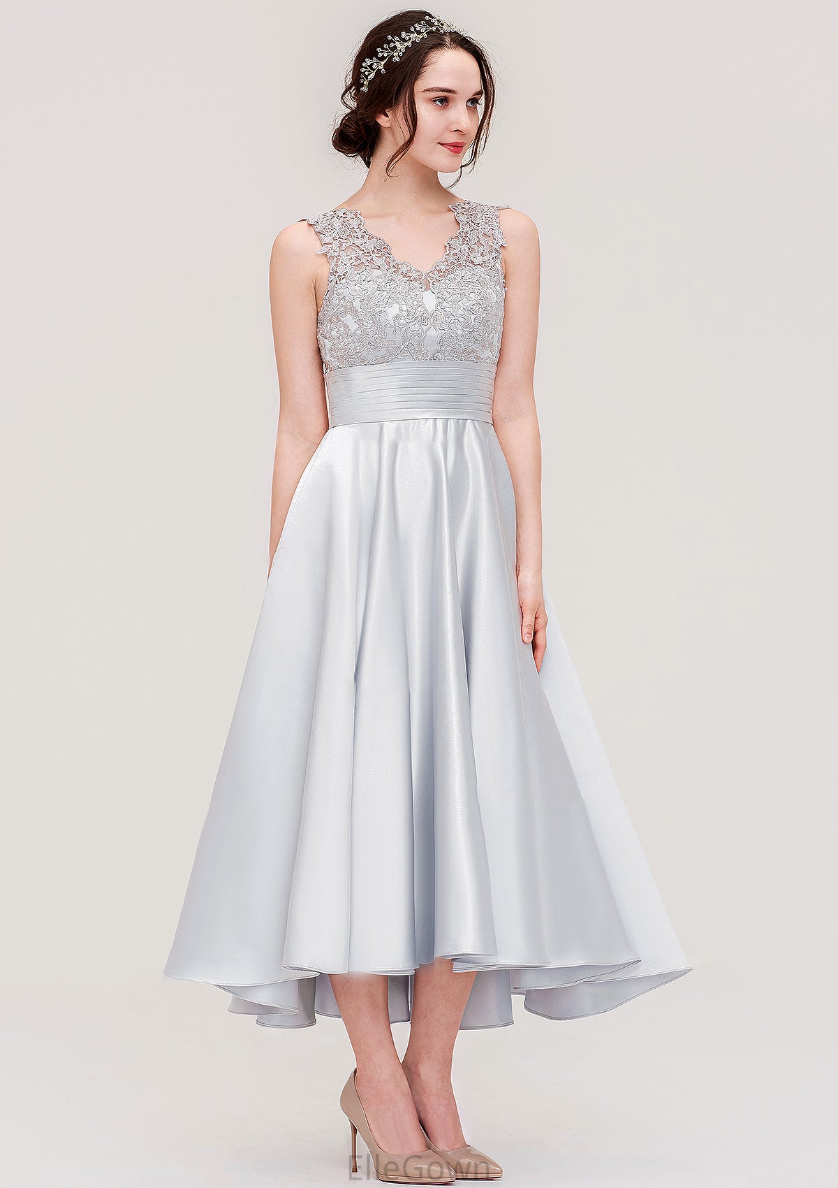 Sleeveless V Neck Asymmetrical Satin A-line/Princess Bridesmaid Dresses With Pleated Lace Sage DEP0025468