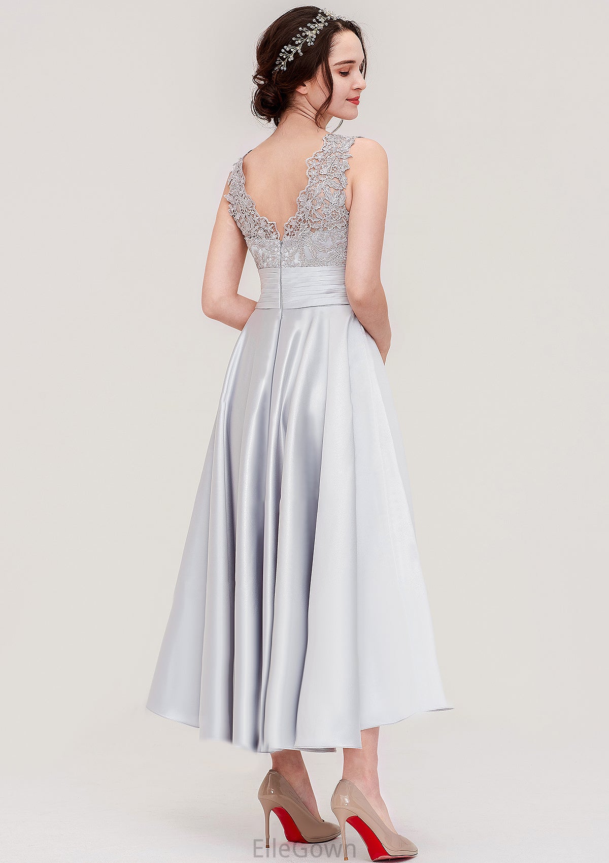 Sleeveless V Neck Asymmetrical Satin A-line/Princess Bridesmaid Dresses With Pleated Lace Sage DEP0025468