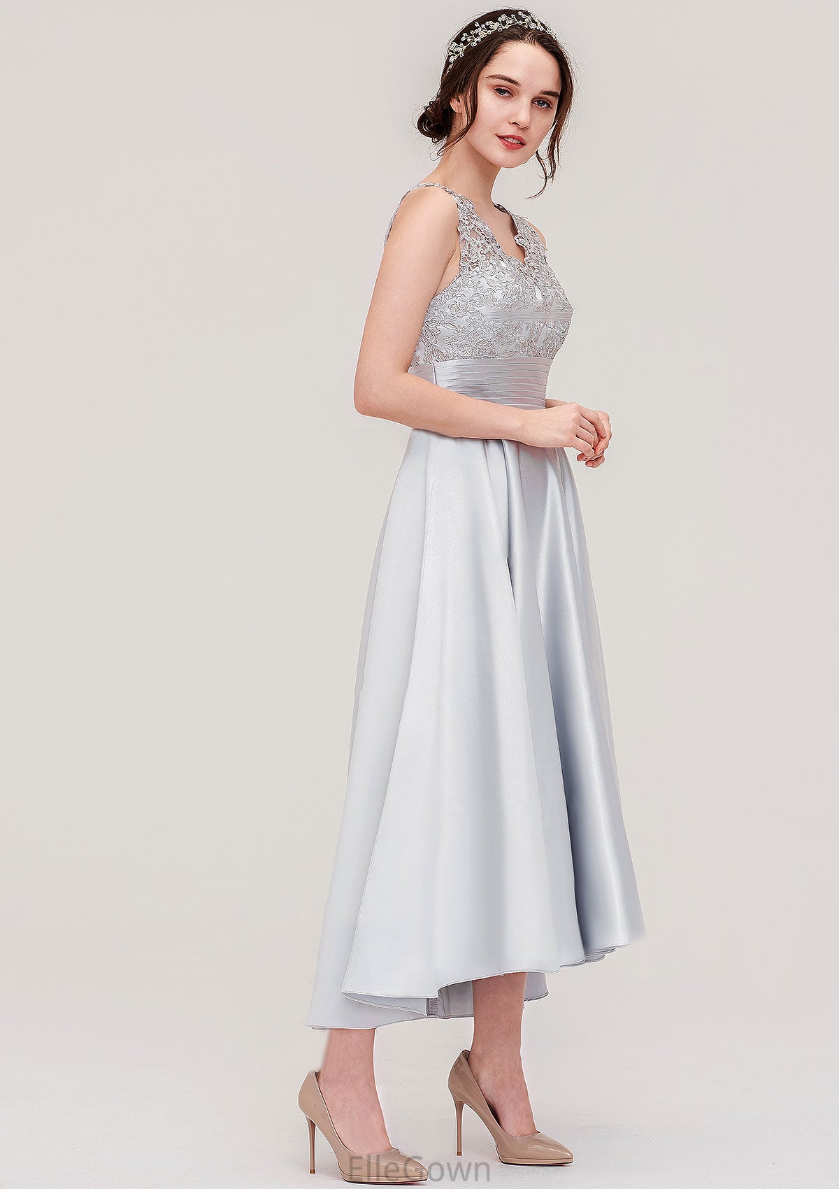 Sleeveless V Neck Asymmetrical Satin A-line/Princess Bridesmaid Dresses With Pleated Lace Sage DEP0025468