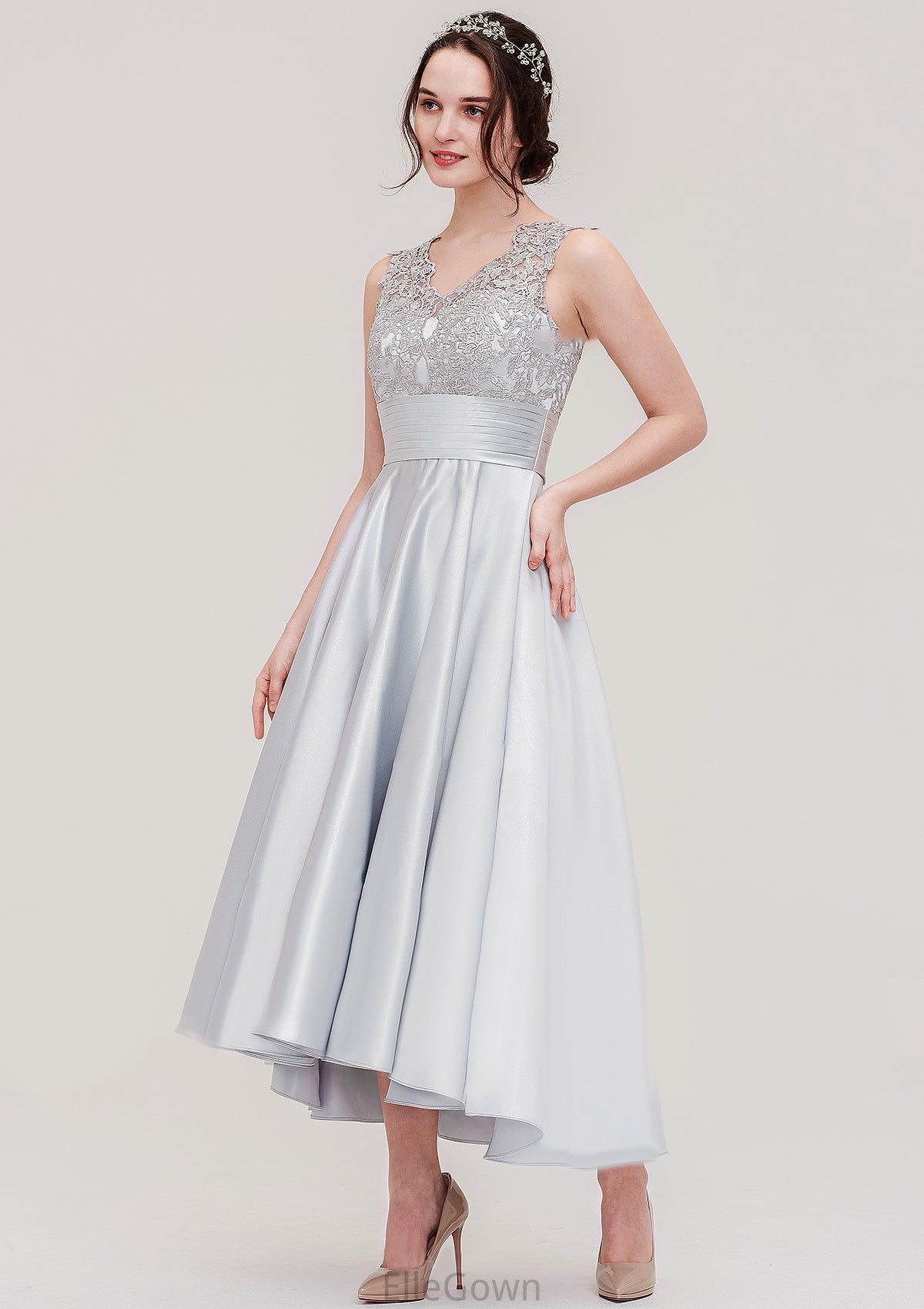 Sleeveless V Neck Asymmetrical Satin A-line/Princess Bridesmaid Dresses With Pleated Lace Sage DEP0025468