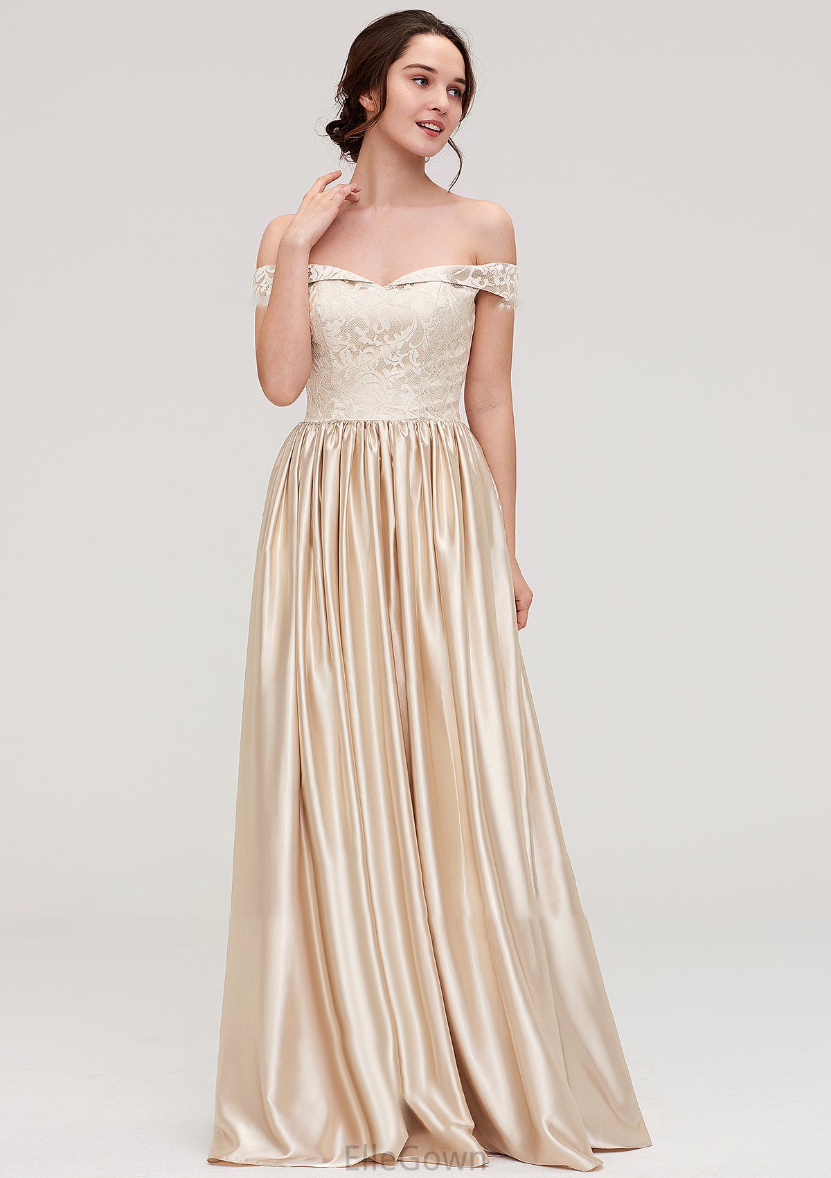 Off-the-Shoulder SleevelessA-line/Princess Charmeuse  Long/Floor-Length Bridesmaid Dresses With Appliqued Jan DEP0025469