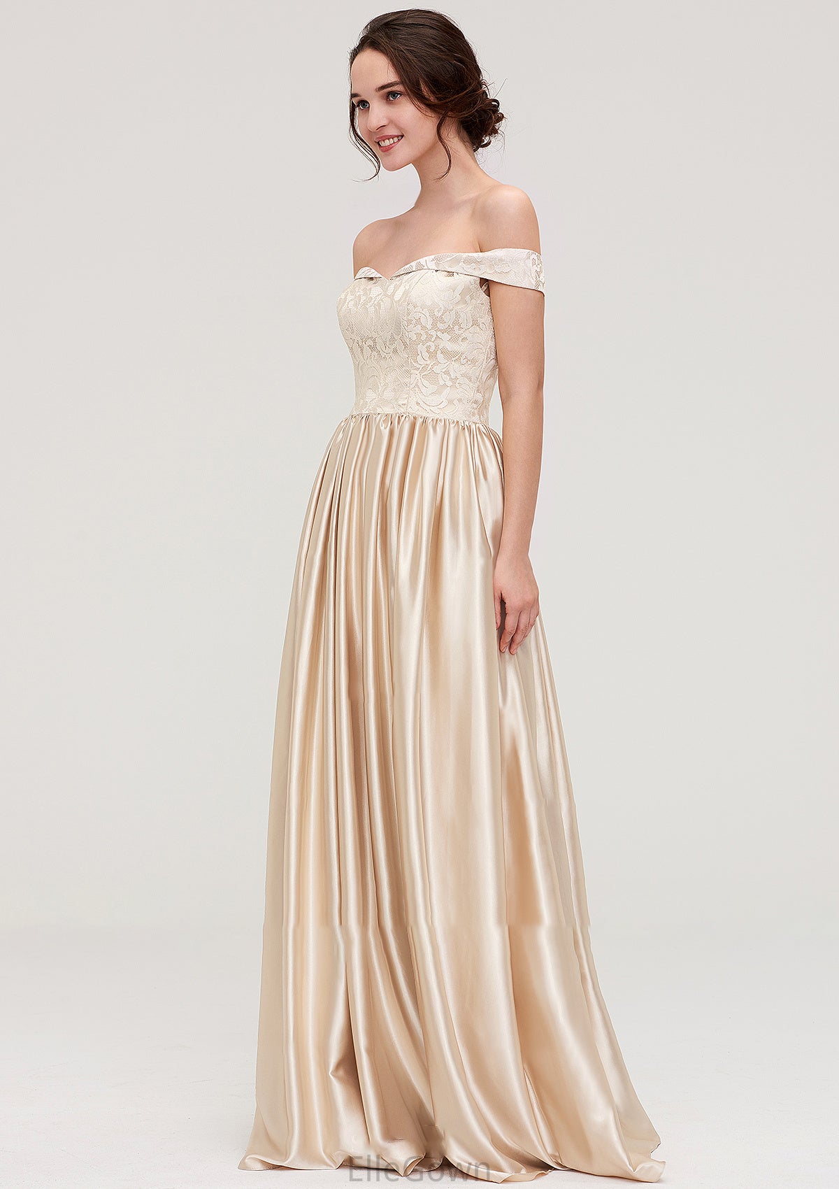 Off-the-Shoulder SleevelessA-line/Princess Charmeuse  Long/Floor-Length Bridesmaid Dresses With Appliqued Jan DEP0025469