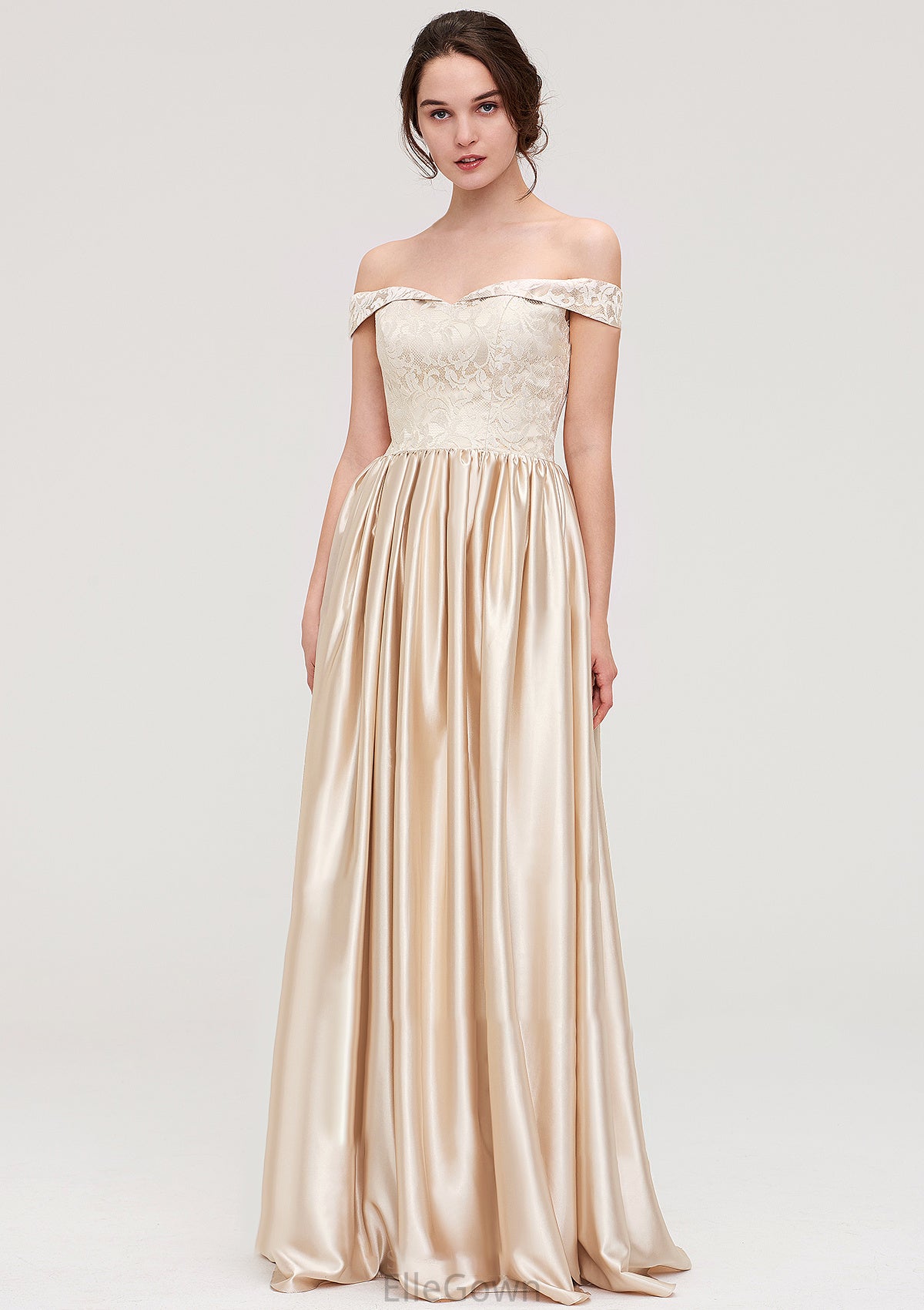 Off-the-Shoulder SleevelessA-line/Princess Charmeuse  Long/Floor-Length Bridesmaid Dresses With Appliqued Jan DEP0025469