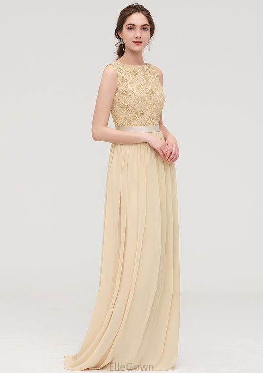 Bateau Sleeveless A-line/Princess Chiffon Long/Floor-Length Bridesmaid Dresses With Sashes Lace Aiyana DEP0025472