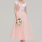 Sweetheart Short Sleeve Tea-Length Tulle A-line/Princess Bridesmaid Dresses With Waistband Beading Pleated Mckayla DEP0025473