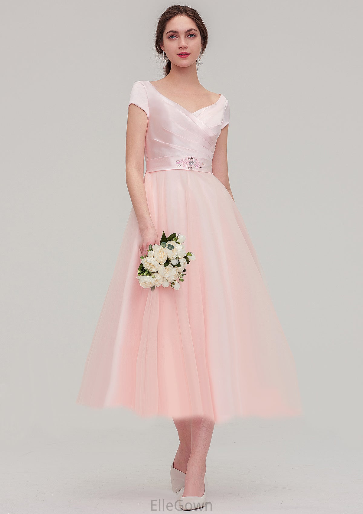 Sweetheart Short Sleeve Tea-Length Tulle A-line/Princess Bridesmaid Dresses With Waistband Beading Pleated Mckayla DEP0025473