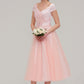 Sweetheart Short Sleeve Tea-Length Tulle A-line/Princess Bridesmaid Dresses With Waistband Beading Pleated Mckayla DEP0025473